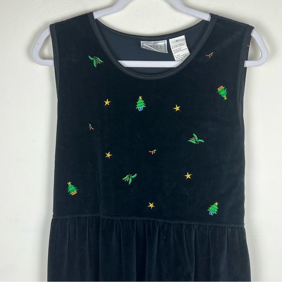 Erika Studio | Vintage 80s 90s Velvet Christmas Embroidered Black Dress | L/XL - Picture 2 of 7